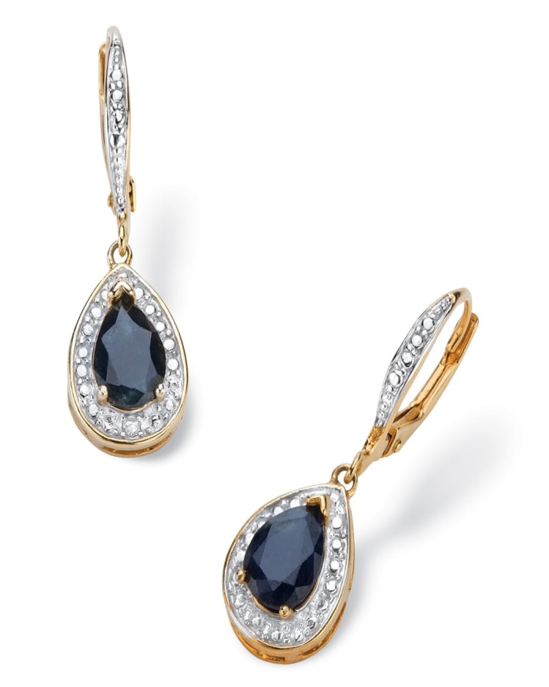 Front of a size One Size 3.72 TCW Pear-Cut Genuine Midnight Blue Sapphire Halo Earrings 18k Gold-Plated in Blue by PalmBeach Jewelry. | dia_product_style_image_id:297064
